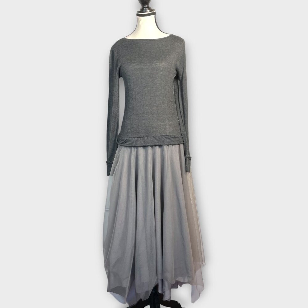 Women's Grey Midi Dress with Tulle Skirt